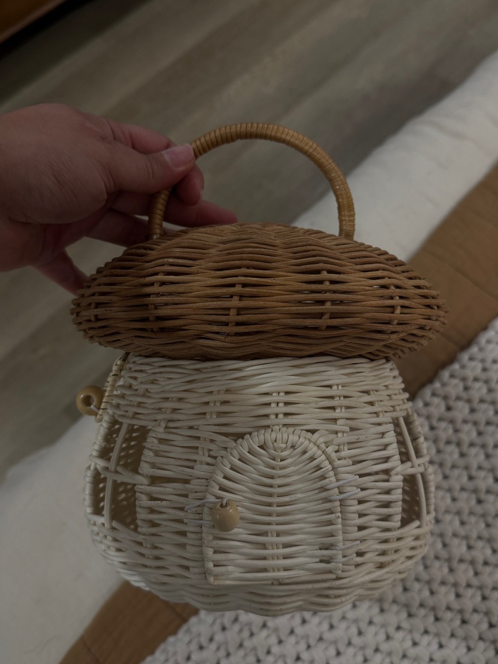 Woven Rattan Mushroom Basket Handbag - Natural Brown & Cream